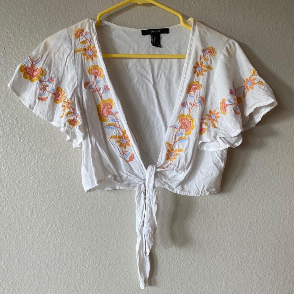 floral tie front white top